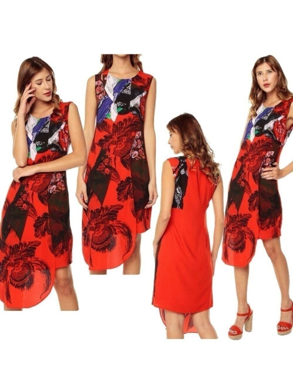 Desigual red multicoloured sleeveless cutout floral asymmetrical tropical dress